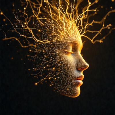 The primary subject of the image is a close-up of a woman's face, with a focus on her eyes. The setting is a dark background, which contrasts with the bright, glowing eyes. The visual style is a combination of digital art and illustration, creating a surreal and artistic representation of the woman's face. The colors are predominantly dark, with the glowing eyes being the main source of light and color in the image. The overall atmosphere is mysterious and intriguing.